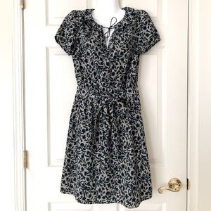 Loft Floral Vine Print Belted Dress Blue Black Taupe Size XS